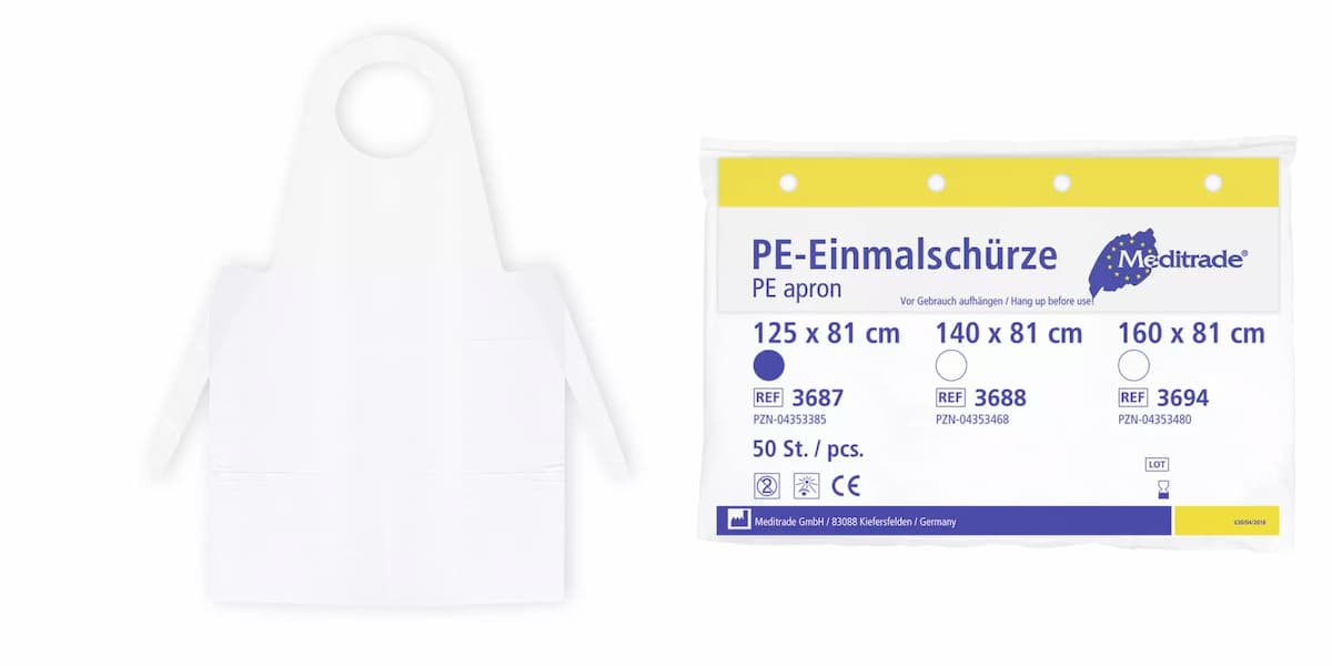 Meditrade 3687, PE Disposable Apron Pre-Folded, White, 125 x 81cm, image 1