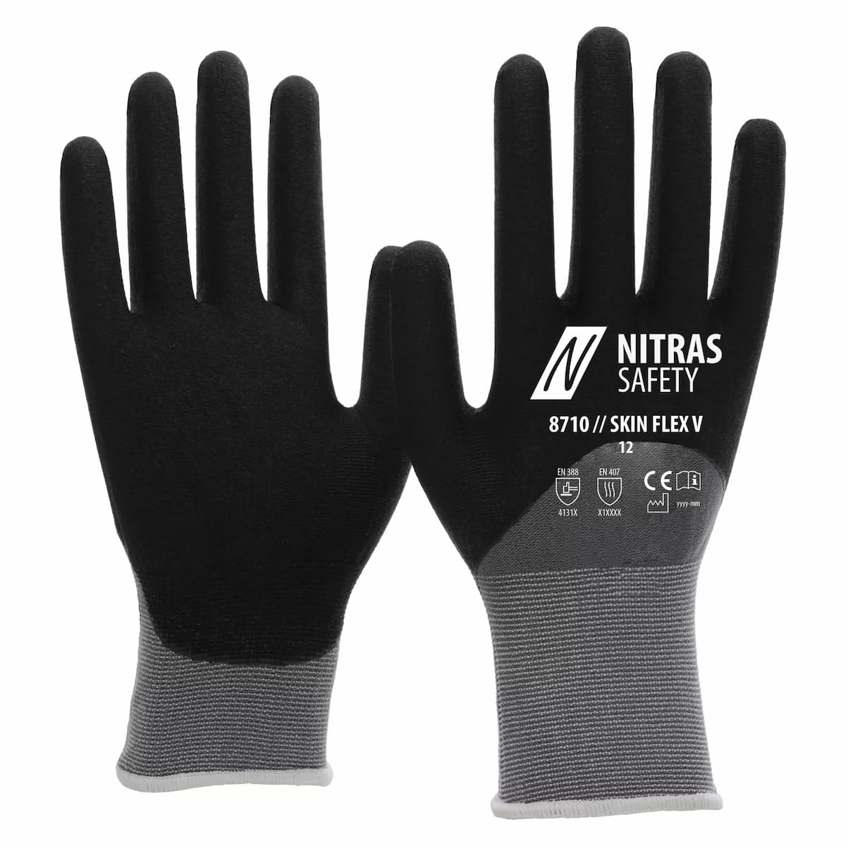 NITRAS 8710, SKIN FLEX V Knitted Gloves, Black, image 1